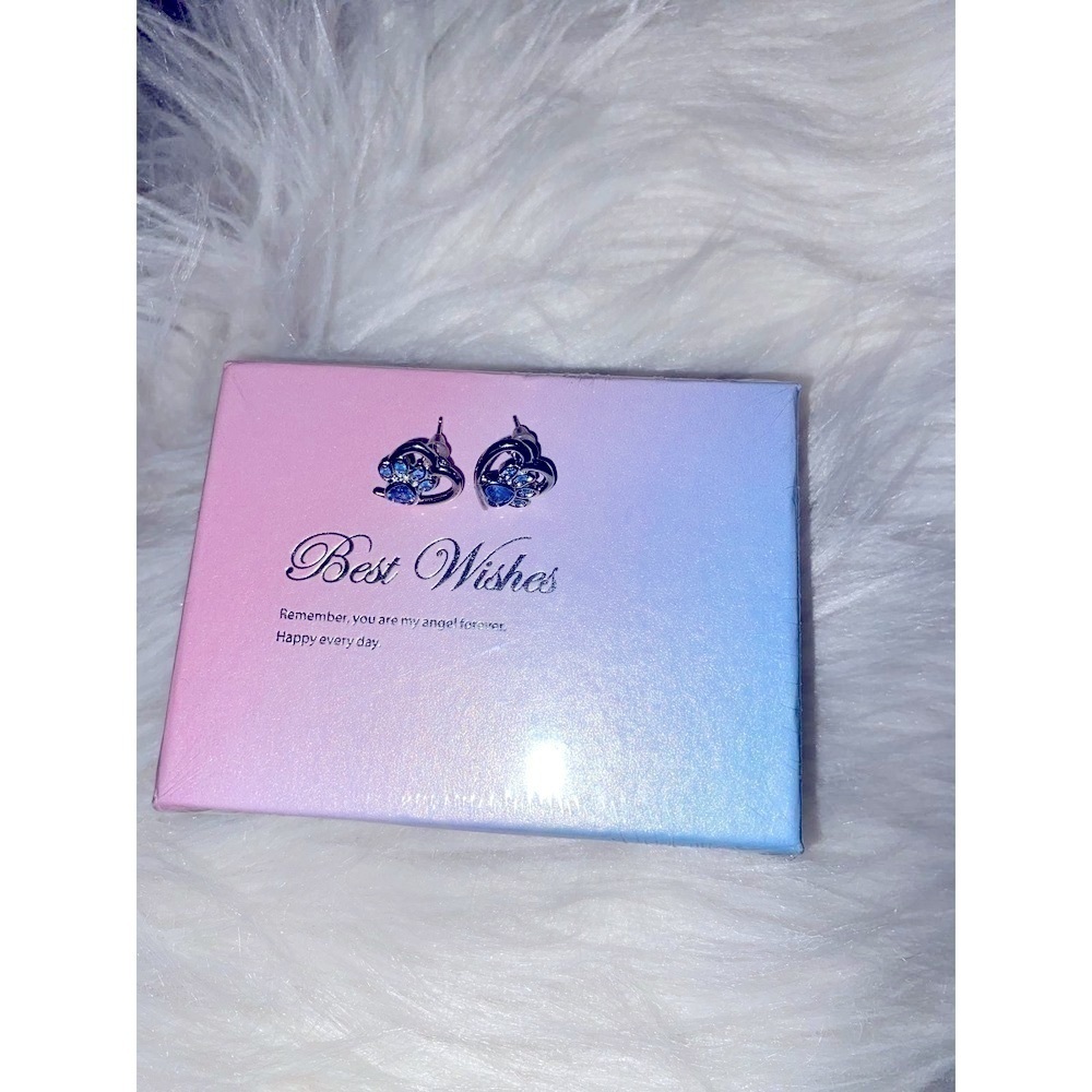 Dog paw heart shaped silver plated blue earrings in sealed gift box